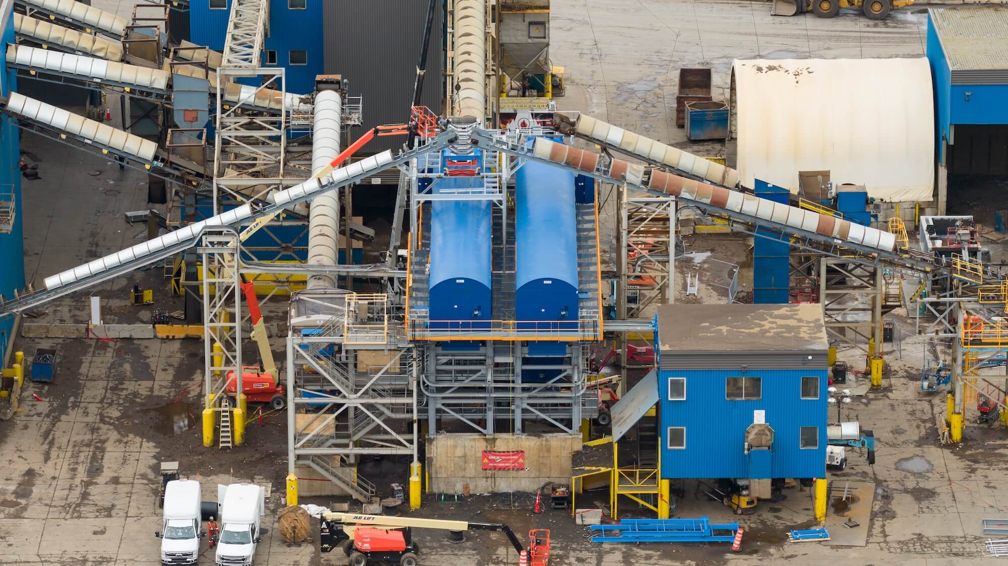 Both trommels in place — aerial view after reassembly.